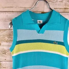 LACOSTE ノースリーブポロシャツ 文字ワニ ボーダー 緑 黄緑 スキッパー
