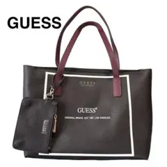 GUESS 合成皮革トートバッグ 黒/バーガンディ　ミニポーチ付　ビジネス用にも