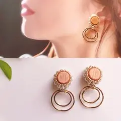 ビーズ刺繍　蝶バネ イヤリング　ウッドパーツ　ハンドメイド