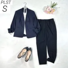 【リネン混】　PLST　パンツスーツ　オフィスカジュアル　ノーカラー　紺黒　Sのサムネイル