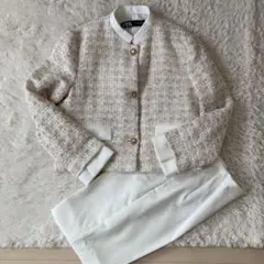 ZARA ベージュ ノーカラージャケット XS セットアップ