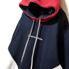 チャンピオン ロゴ配色 スウェットパーカー ネイビー 紺色 XL 古着