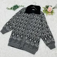 【Ladies】✨レトロニットジャケット✨ 総柄 花柄 アンゴラ混 黒 M