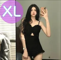 露出控え目♡ガーリー系 モノキニ水着 黒 フリル♡可愛い♡ワンピース水着 XL♡