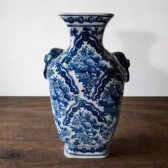 青絵 大型花瓶 高さ31cm｜耳付き フラワーベース 陶器 壺 シノワズリ