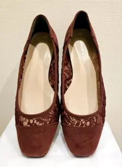 ワインレッド 赤 パンプス スエード チュール レース 22.5cm