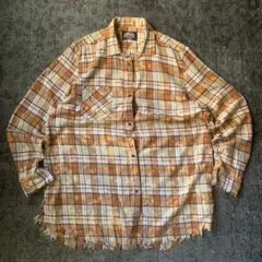 00s ネルシャツ フランネル チェック レトロ Y2K フリンジ オレンジ