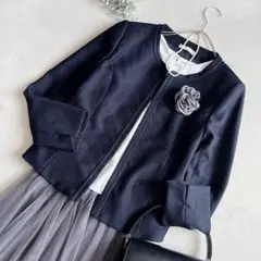 ママスーツ　上品　セレモニー　スーツ　ジャケット　入学式　卒業式　紺系　XL