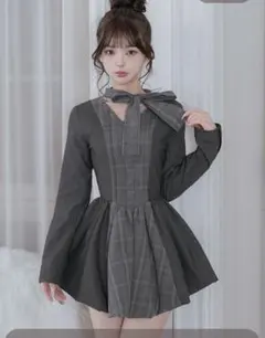 チェックストライプバルーンミニワンピース