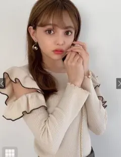 GRL 配色フリルオープンショルダーニットトップス[dr342] S