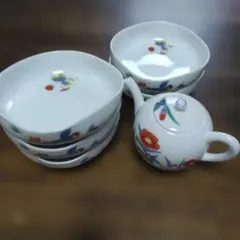 有田焼　岩尾對山窯　紋角小鉢 5客　 錦草花文様 ＋オマケ醤油差し　木箱付きのサムネイル