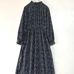 【GLACIER】総柄 ロングワンピース パフスリーブ フレア フリルネックＬ