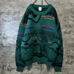 古着90s 昭和ヴィンテージ 立体総柄ニットセーター　ターコイズグリーン　冬