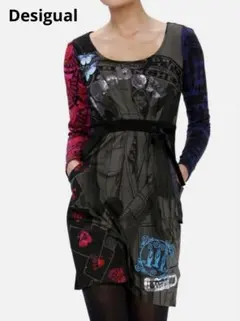 訳あり デシグアル Desigual グラフィック長袖ワンピース 左右非対称 Sのサムネイル