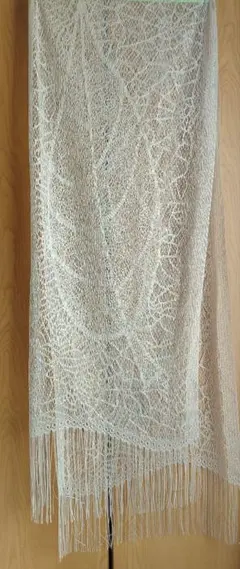 アイボリー レース模様 ストール フリンジ付き