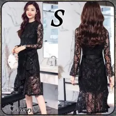 ワンピース ドレス S レース フレア フォーマル ブラック 膝丈 総レース