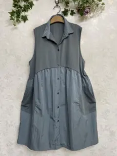 352新品　異素材切り替えロングベストチュニック（BL)