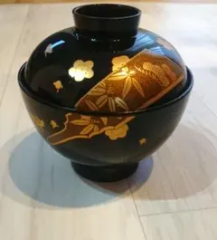 お椀 黒千鳥吸椀 金彩蒔絵羽子板紋様　蓋付5客セット 松竹梅 正月 箱付 会津