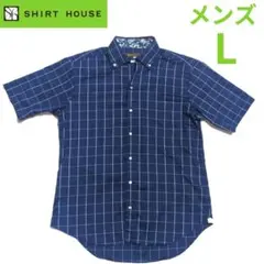 ​SHIRT HOUSE L 半袖シャツ ネイビー 格子柄 レギュラーフィット