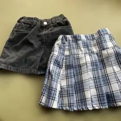 ブラックデニムショートパンツとチェックスカートセット