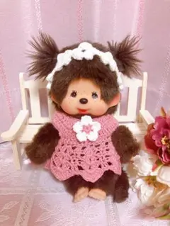 モンチッチ 服 Sサイズ用 ハンドメイド ピンク ワンピース ヘッドドレス お花