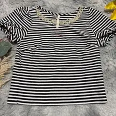 エディットコロン パール付き ボーダー カットソー 半袖 黒 白 Tシャツのサムネイル