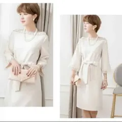 【残り1点】ドレス+ M ベージュ レース ドッキング ウエストリボン ワンピ