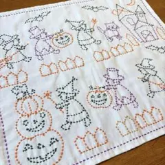 ホビーラホビーレ　刺子のふきん　完成品　ハロウィン柄　魔女　ジャックオランタン