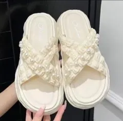 パール付きクロスサンダル 白 厚底 韓国風 かわいい レディース　23cm