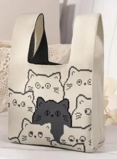 【新品未使用】ニットバッグ　トートバッグ　かぎ針編み　キャット柄