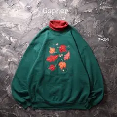 90’s Gooher トレーナー 落ち葉　刺繍　ハイネック　グリーン　レトロ