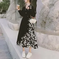 花柄切り替えワンピース　ウエストリボン