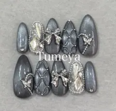 ネイルチップ　メタル　リボン　ハート　韓国　ワンホン　キラキラ　マグネット　黒