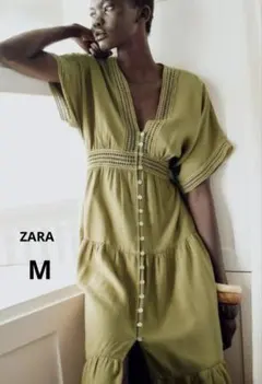 【ZARA】Mサイズ グリーン Vネック ロングワンピース 半袖