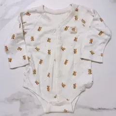 くま柄 ホワイト 前開き 長袖 ベビーロンパース 80サイズ