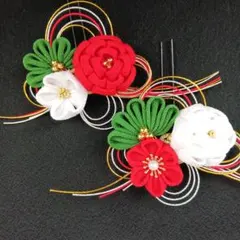 髪飾り【華水引054】紅白椿系 水引細工+つまみ細工 2本組 かんざし