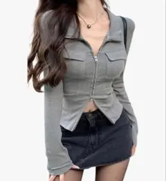 グレー 長袖 ジッパートップス