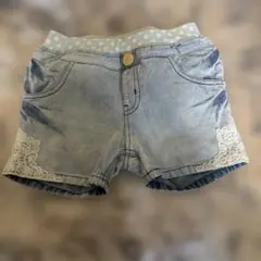 デニムショートパンツ レース装飾付き