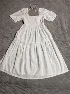 ユニクロ　麻　コットン　ホワイト スクエアネック 切り替え　ロングワンピース