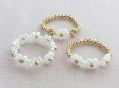【ハンドメイド】花モチーフビーズリング3個セット ホワイト ゴールド