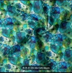 【新品未使用品】グリーンインクの花柄ポリエステル生地 フリンジ付き