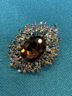 【未使用】ヴィンテージ 大粒 ビジュー ブローチ アンバー 琥珀色 宝石 貴婦人