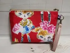 ハンドメイド　持ち手つき15㎝ファスナーポーチ　コスメカード　猫柄　 小物入れ