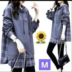 М レディース パーカー チュニック ワンピース チェック 長袖 フード付き