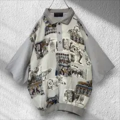 BUSH HILL☆ポロシャツ 半袖 レトロ アート柄 レーヨン混 薄手 古着のサムネイル