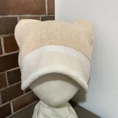 ケア帽子　サウナハット タオルキャップ　猫耳　バケハ　リバーシブル　ベージュ白