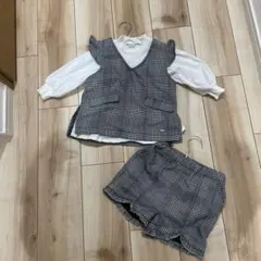 petit main 90cm チェック柄トップスとショートパンツセット