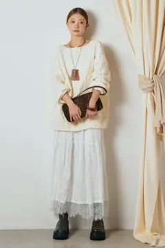 ひげレース切替ロング丈スカート ペチスカート付きレースロングスカート ESICA