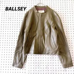 ボールジィ ノーカラー 羊革 ラムレザーブルゾン（38）カーキグリーン 裏地紫