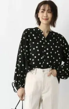 美品★グローバルワーク さらさらリラックスブラウス 長袖 ドット 黒